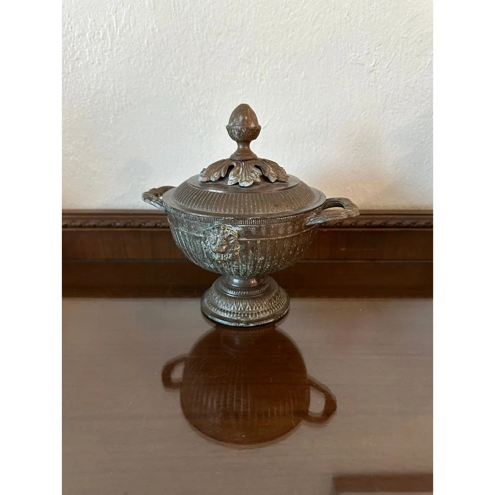 Solid Brass Urn Style Bowl Lid Trinket Pedestal Double Lion Heads‎ Shelf Decor